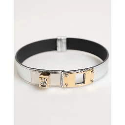 Silver Textured Leather Gold Tone Metal Neckband