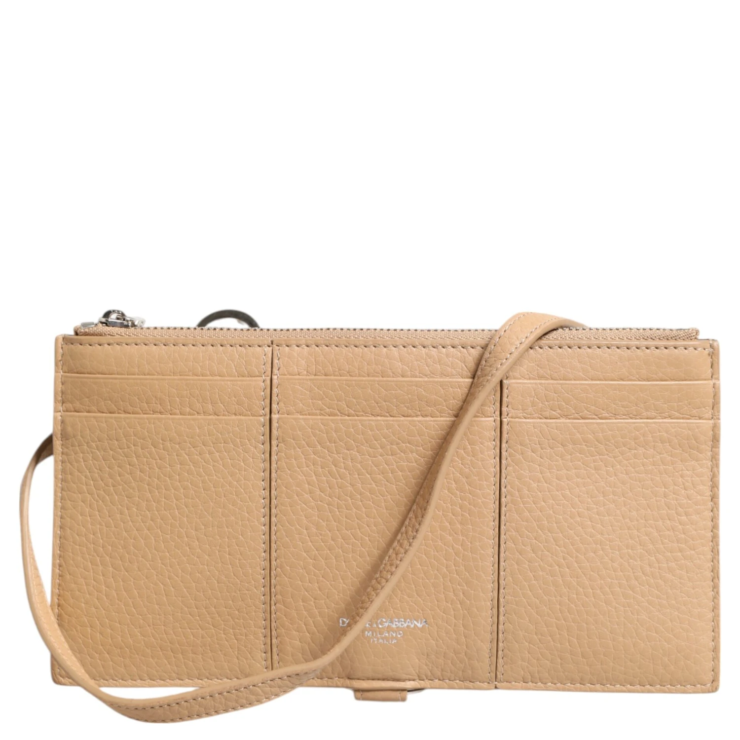 Beige Calfskin Leather Large Crossbody Card Holder Wallet
