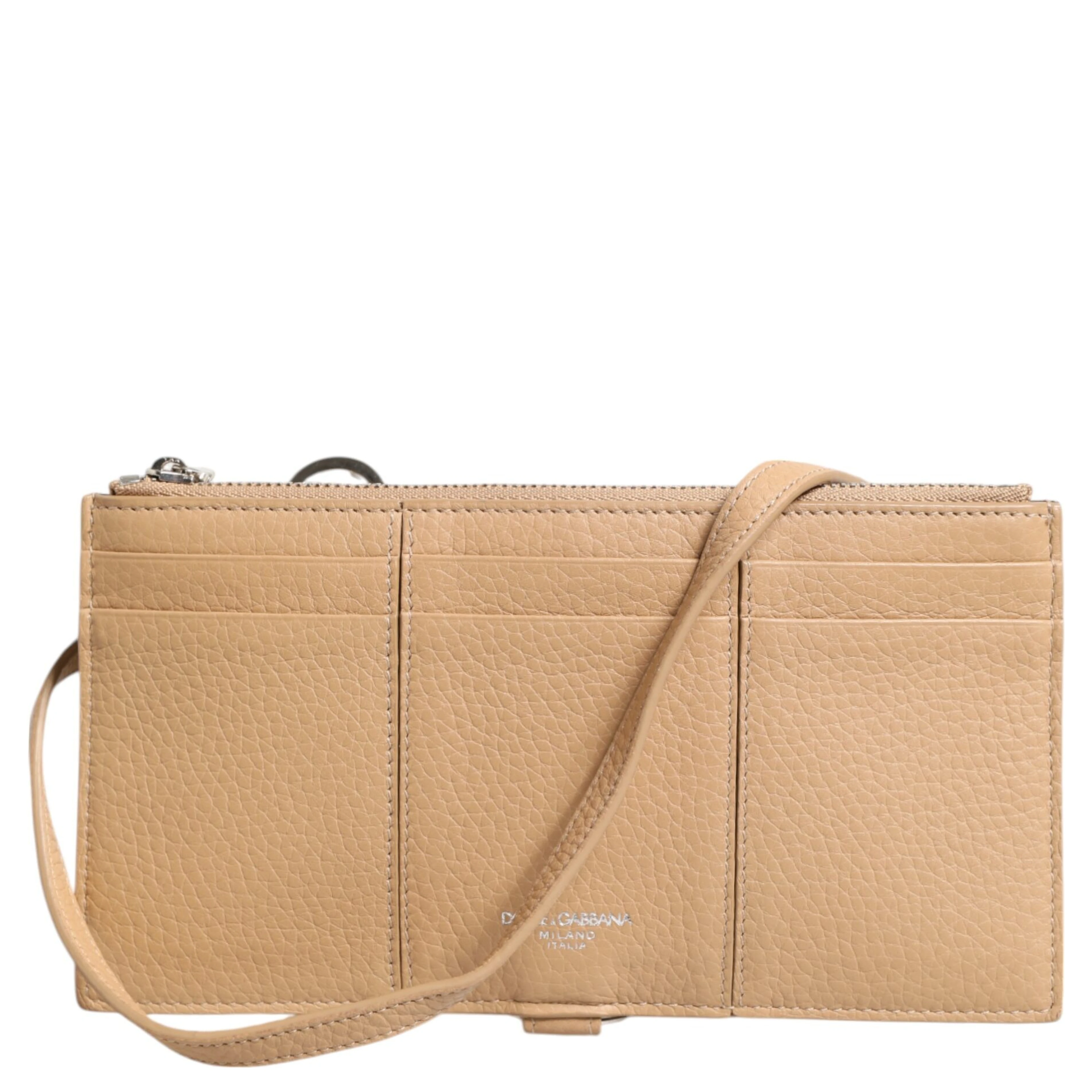 Beige Calfskin Leather Large Crossbody Card Holder Wallet