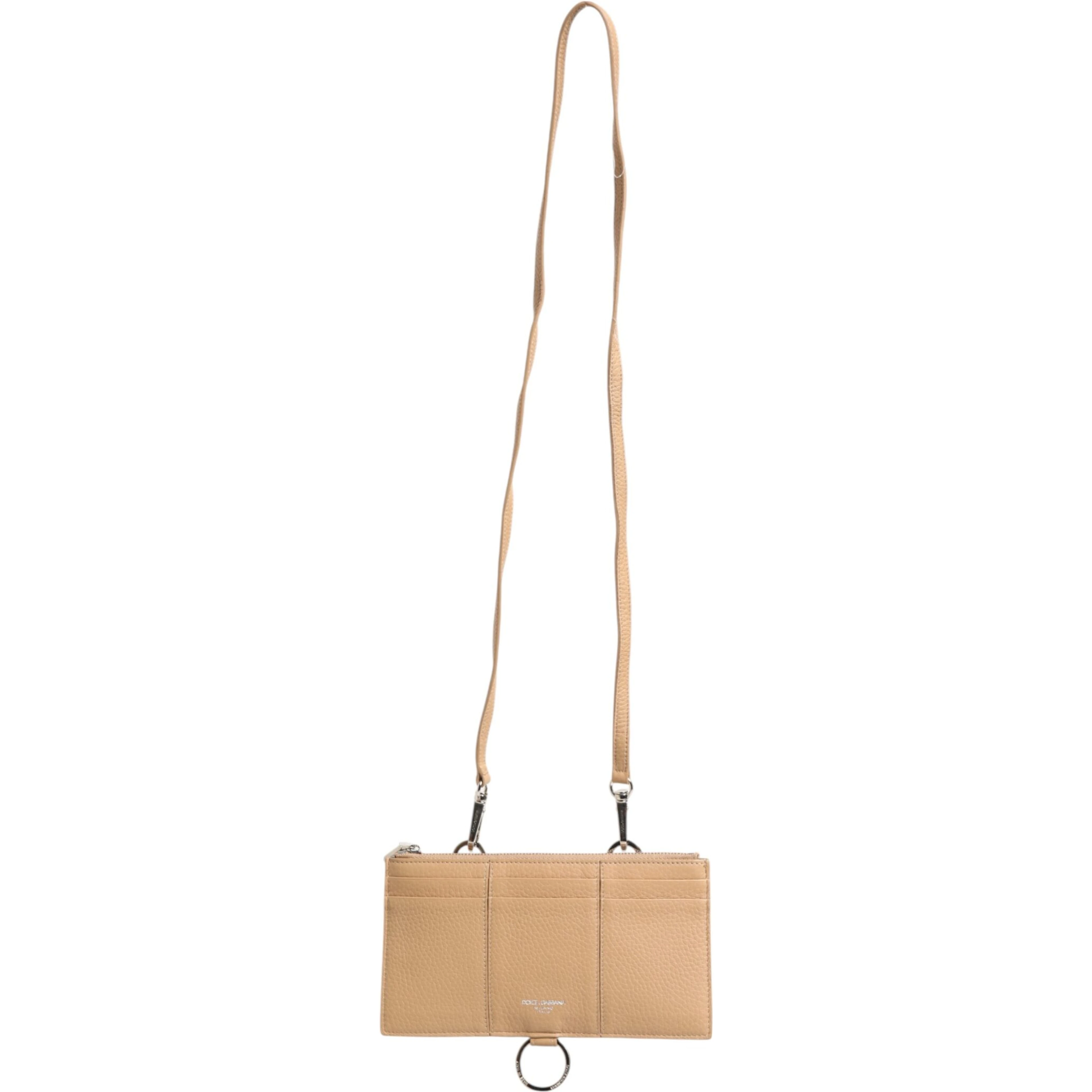 Beige Calfskin Leather Large Crossbody Card Holder Wallet