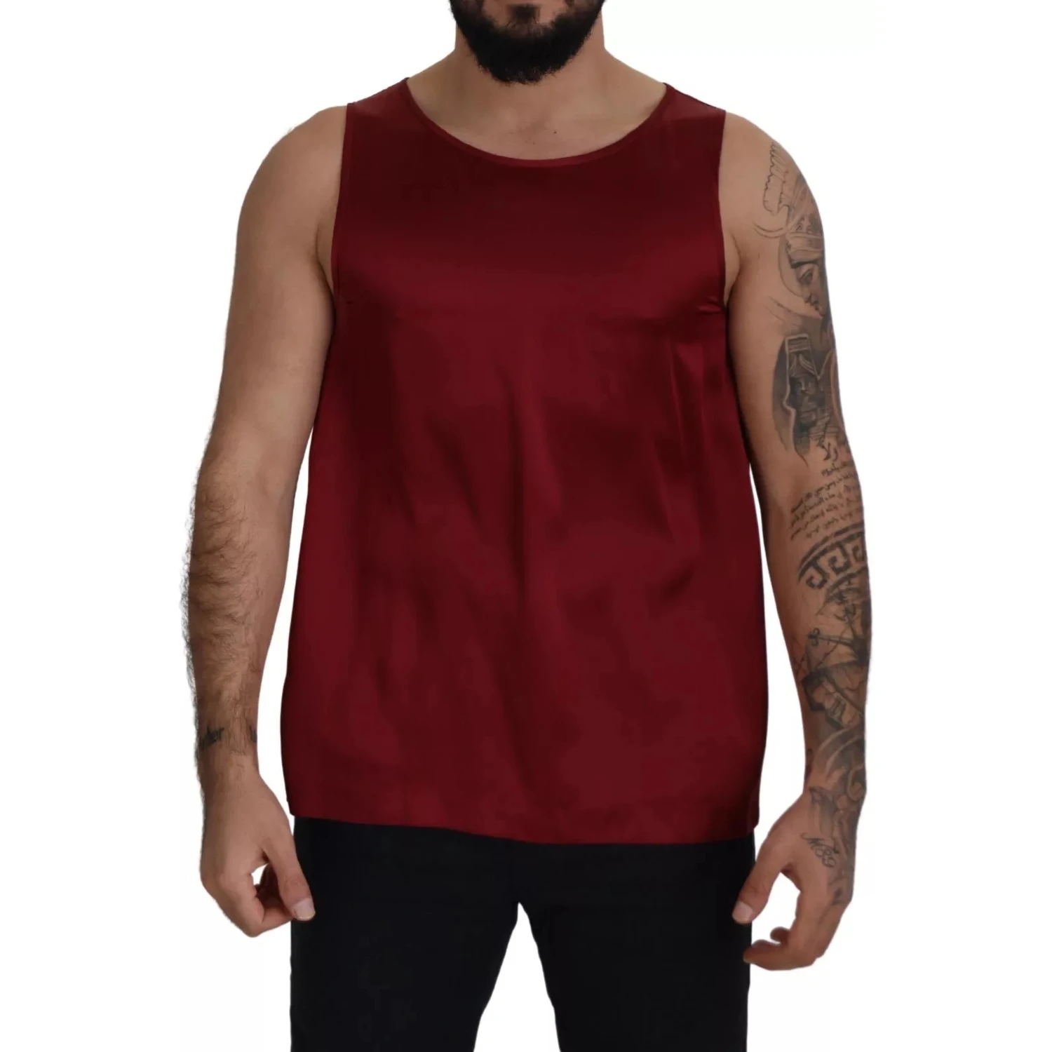 Red Round Neck Sleeveless Silk T-shirt