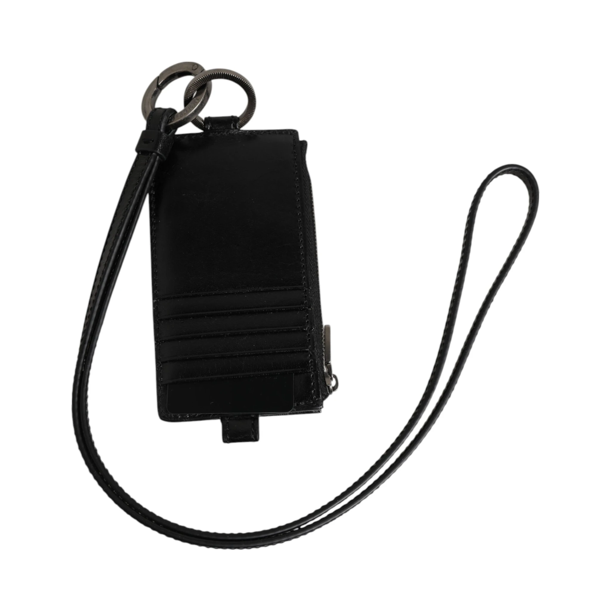 Black Leather Logo Embossed Lanyard Card Holder Wallet