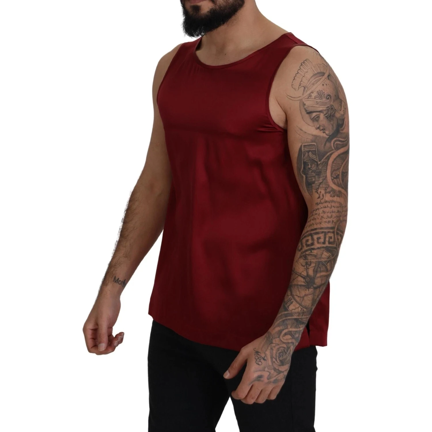 Red Round Neck Sleeveless Silk T-shirt