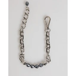 Silver Tone Chain Lobster Clasp Logo Gray Pearls Bracelet