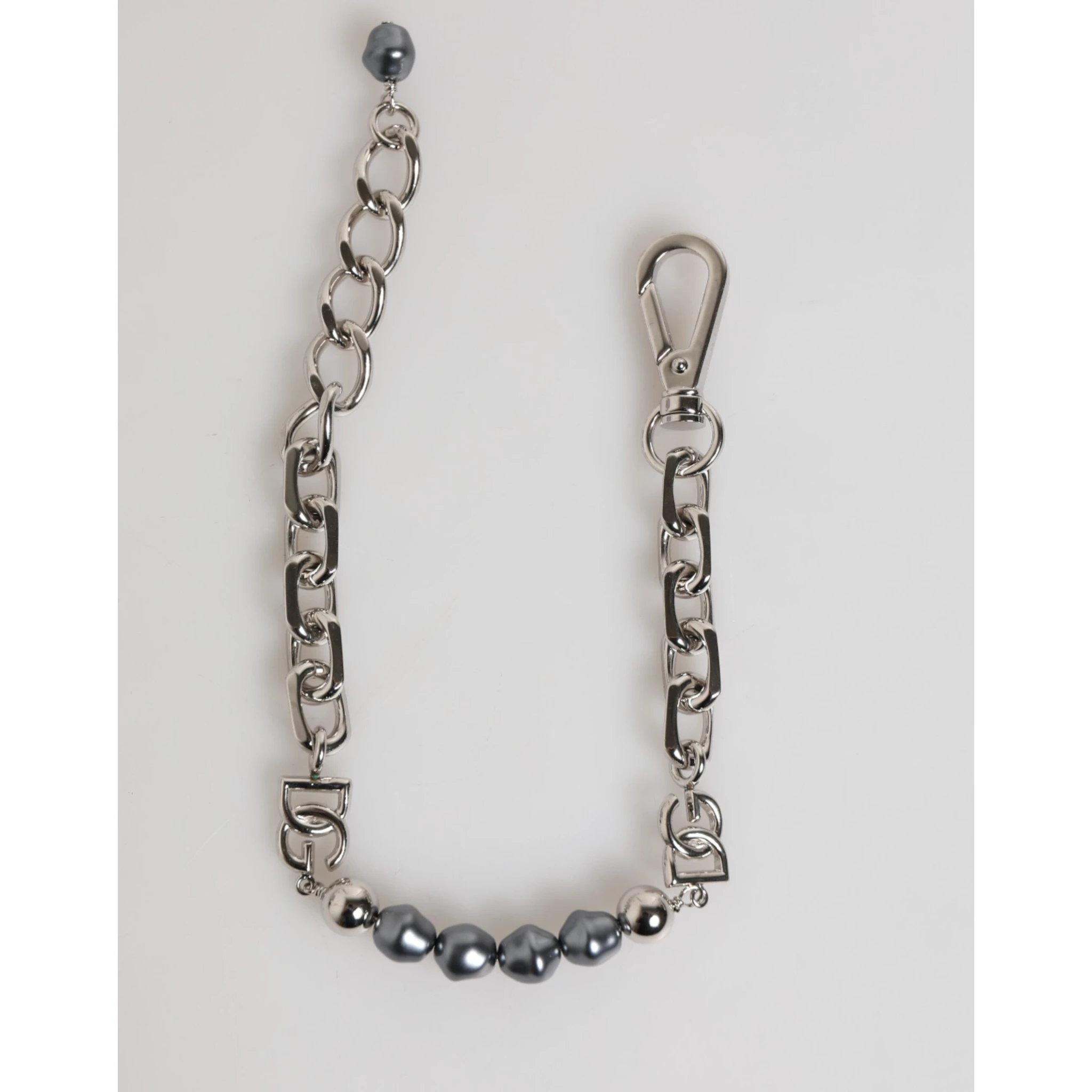 Silver Tone Chain Lobster Clasp Logo Gray Pearls Bracelet