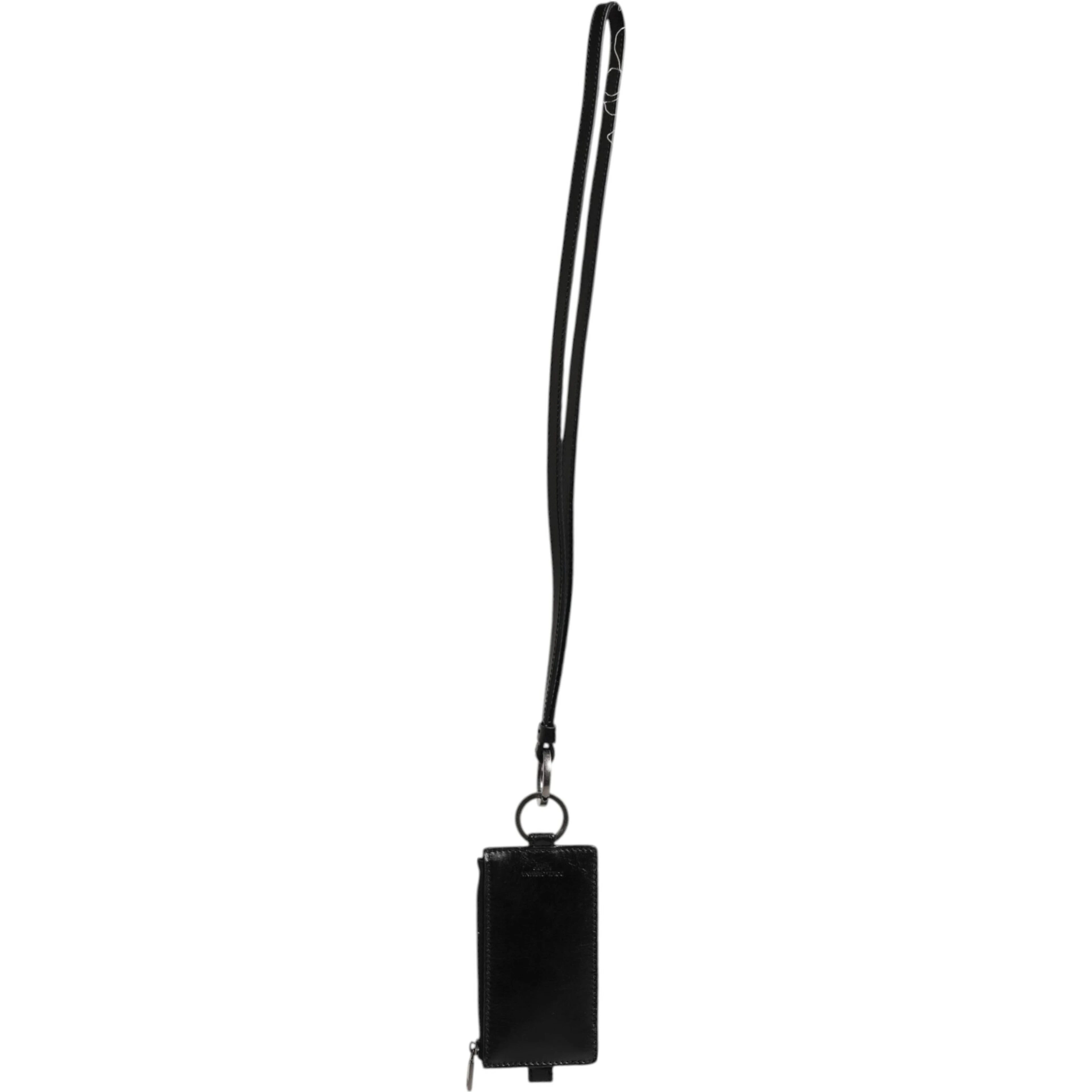 Black Leather Logo Embossed Lanyard Card Holder Wallet