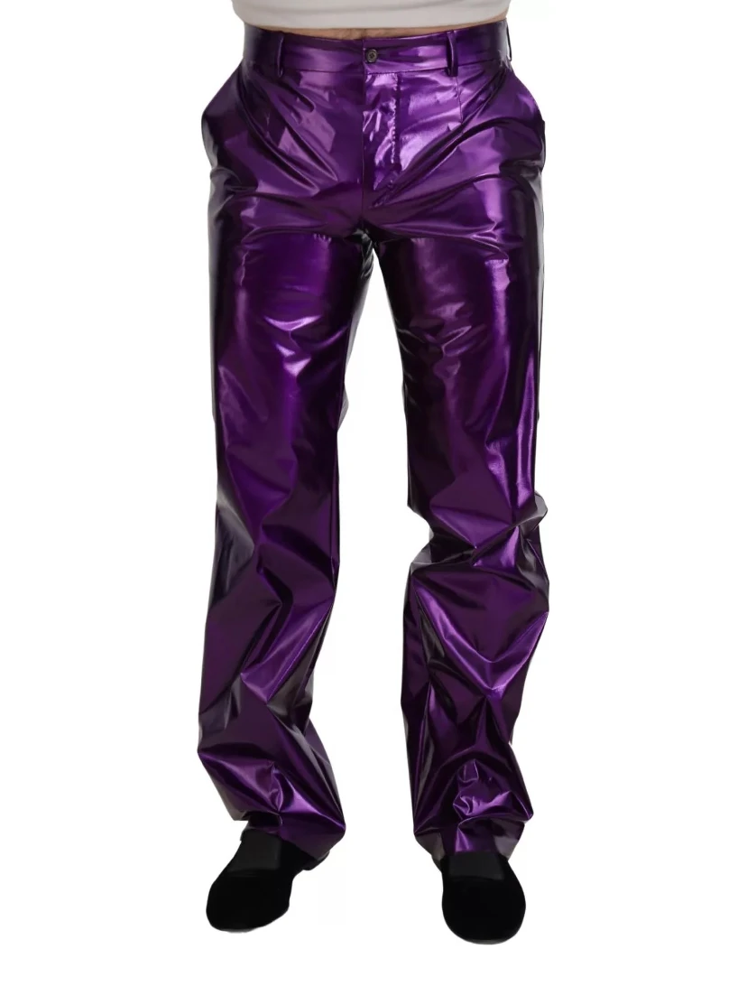 Purple Metallic Nylon Straight Trouser Pants