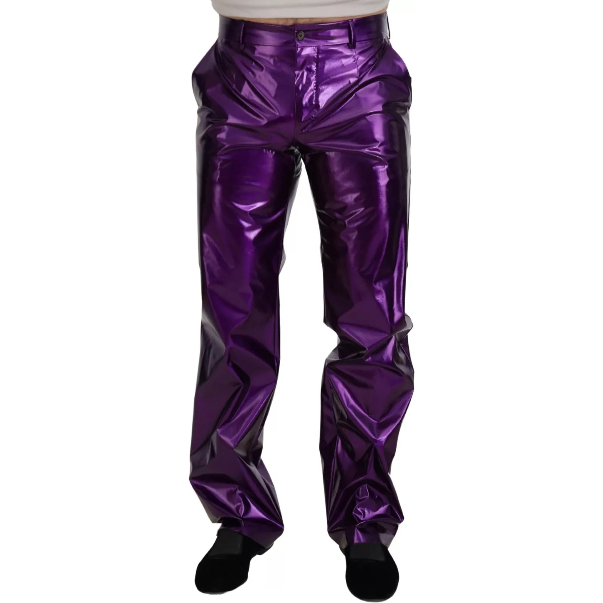 Purple Metallic Nylon Straight Trouser Pants