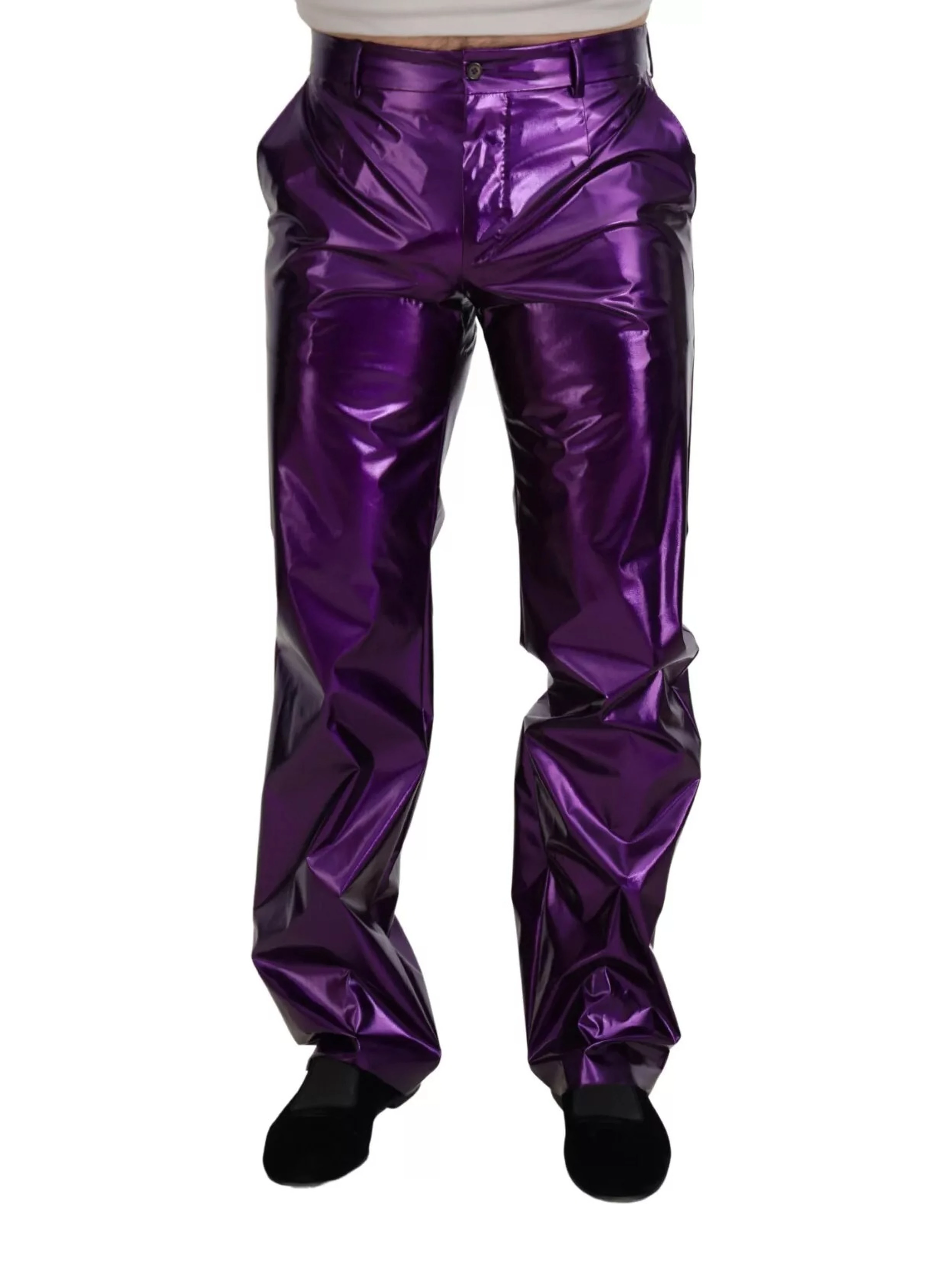 Purple Metallic Nylon Straight Trouser Pants