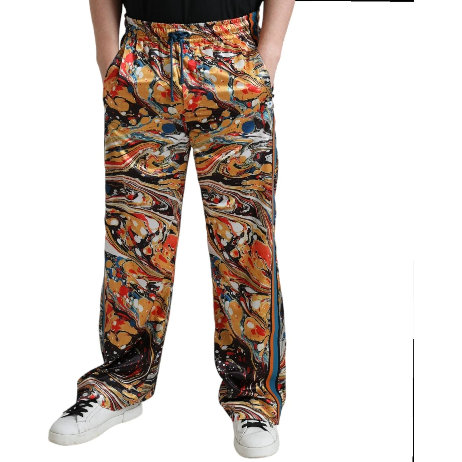 Multicolor Marble Print Satin Trouser Pants