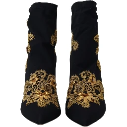Black Gold Embroidery Crystal Boots Shoes