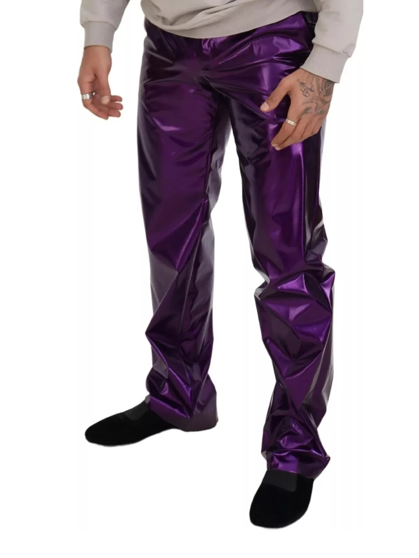 Purple Metallic Nylon Straight Trouser Pants
