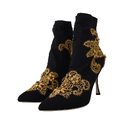Black Gold Embroidery Crystal Boots Shoes