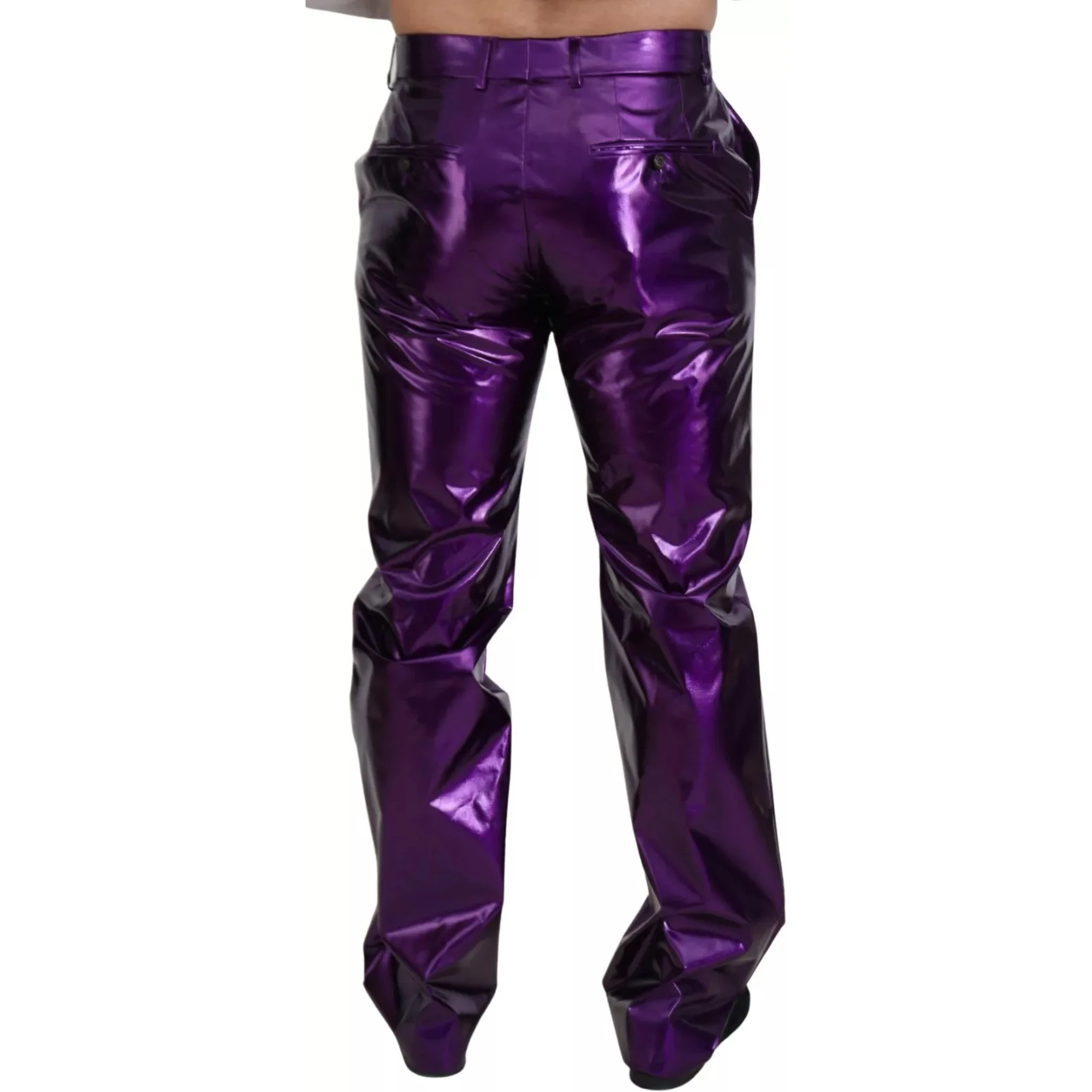 Purple Metallic Nylon Straight Trouser Pants