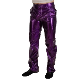 Purple Metallic Nylon Straight Trouser Pants