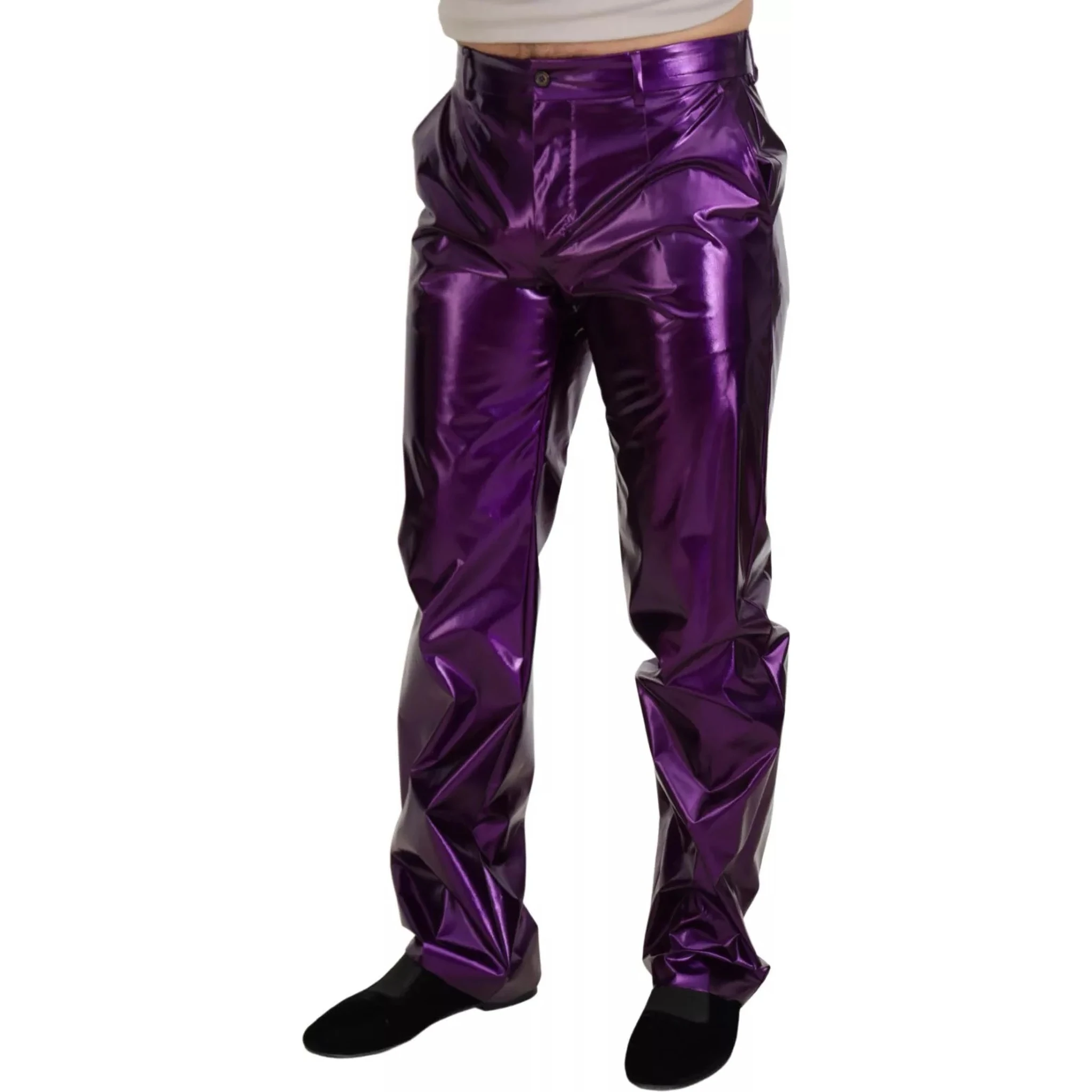 Purple Metallic Nylon Straight Trouser Pants