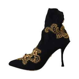 Black Gold Embroidery Crystal Boots Shoes