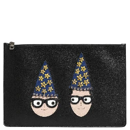Black Leather #DGFAMILY Embellished Men Clutch Pouch Bag