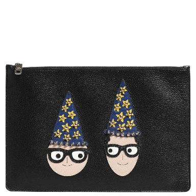 Black Leather #DGFAMILY Embellished Men Clutch Pouch Bag