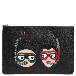 Black Leather #DGFAMILY Embellished Men Clutch Pouch Bag