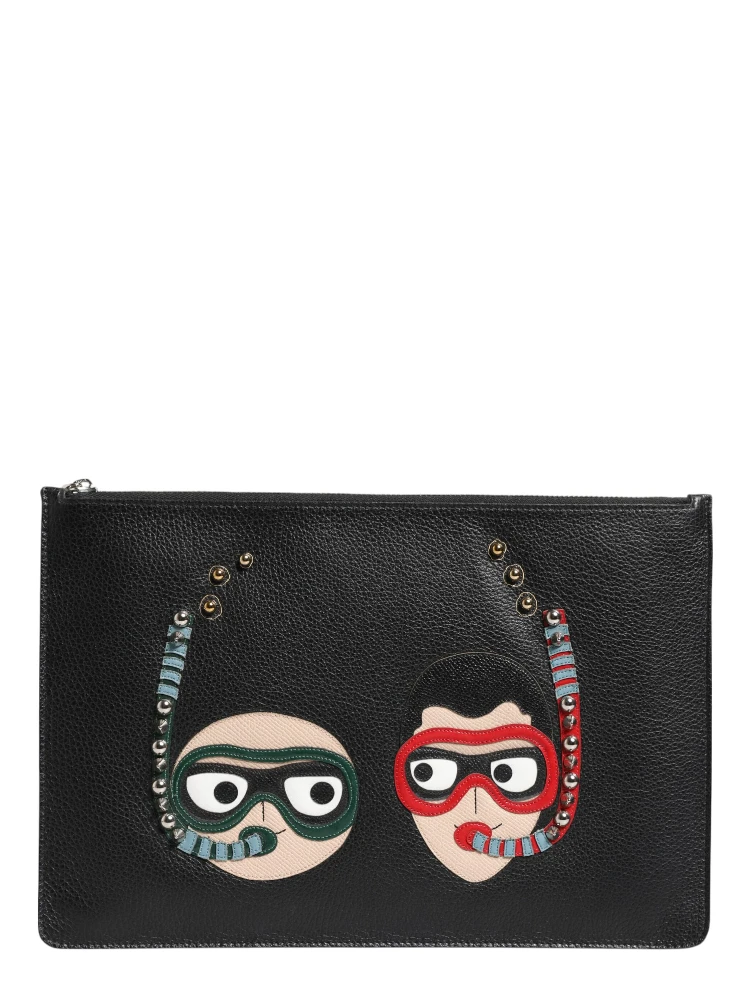 Black Leather #DGFAMILY Embellished Men Clutch Pouch Bag