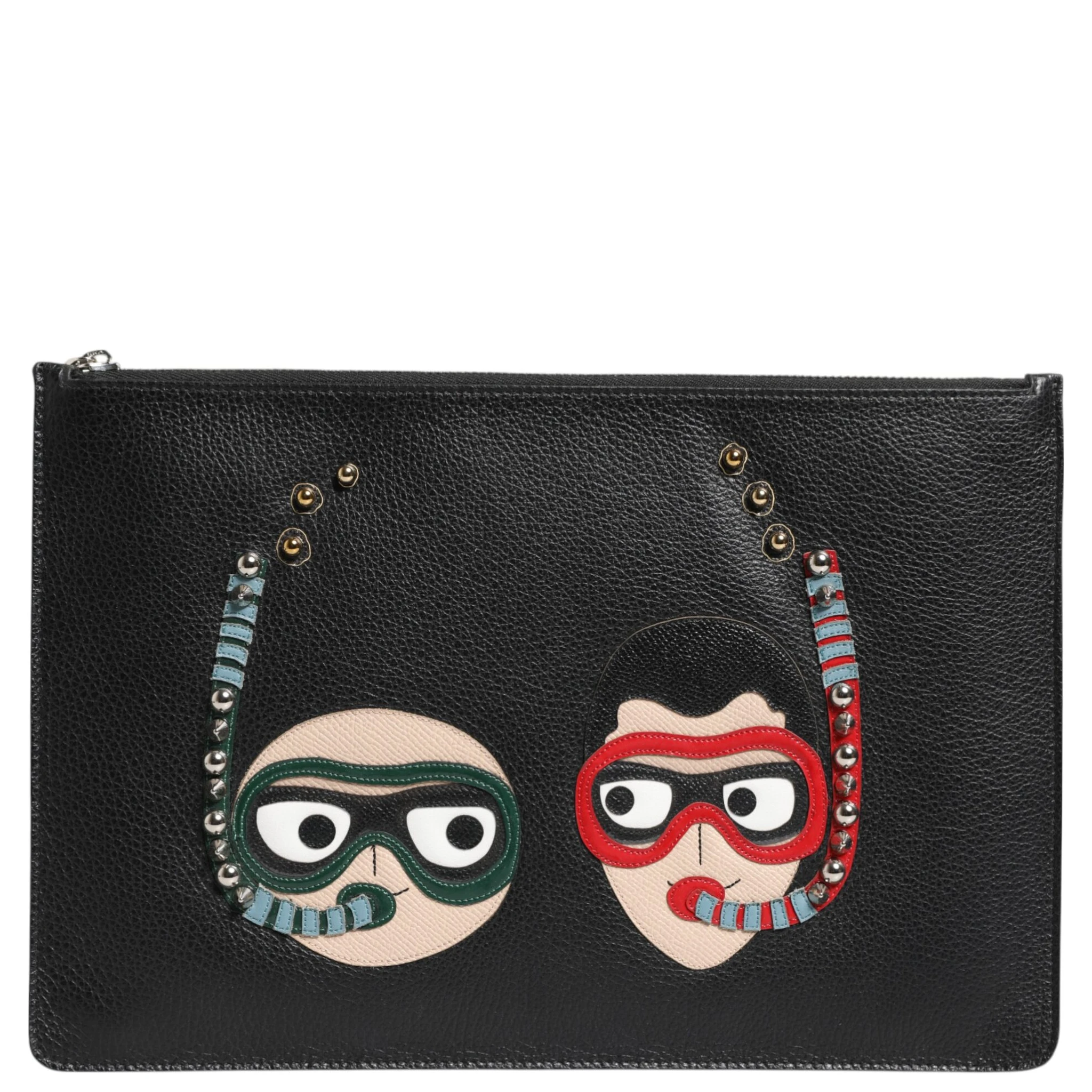 Black Leather #DGFAMILY Embellished Men Clutch Pouch Bag
