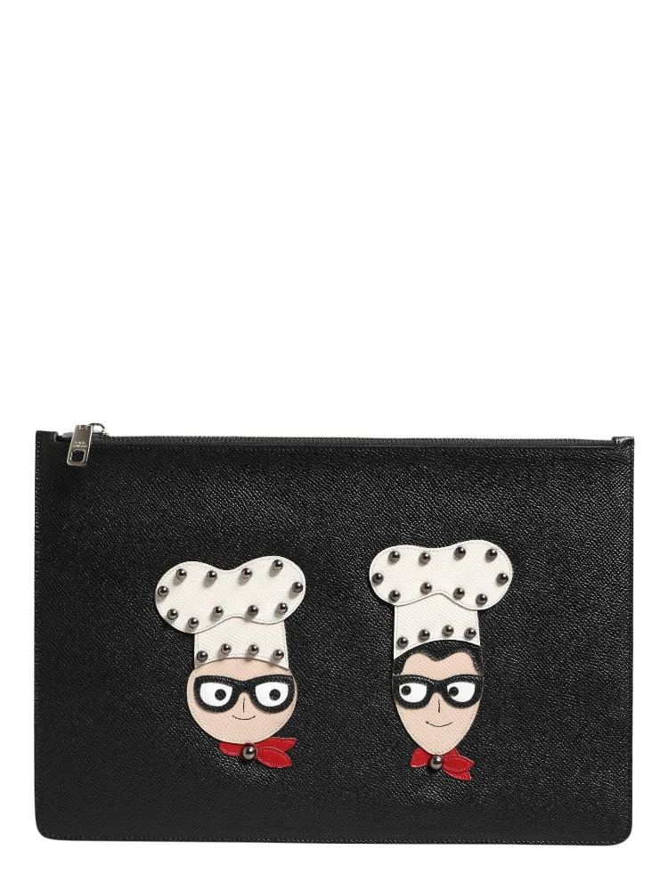 Black Leather #DGFAMILY Embellished Men Clutch Pouch Bag