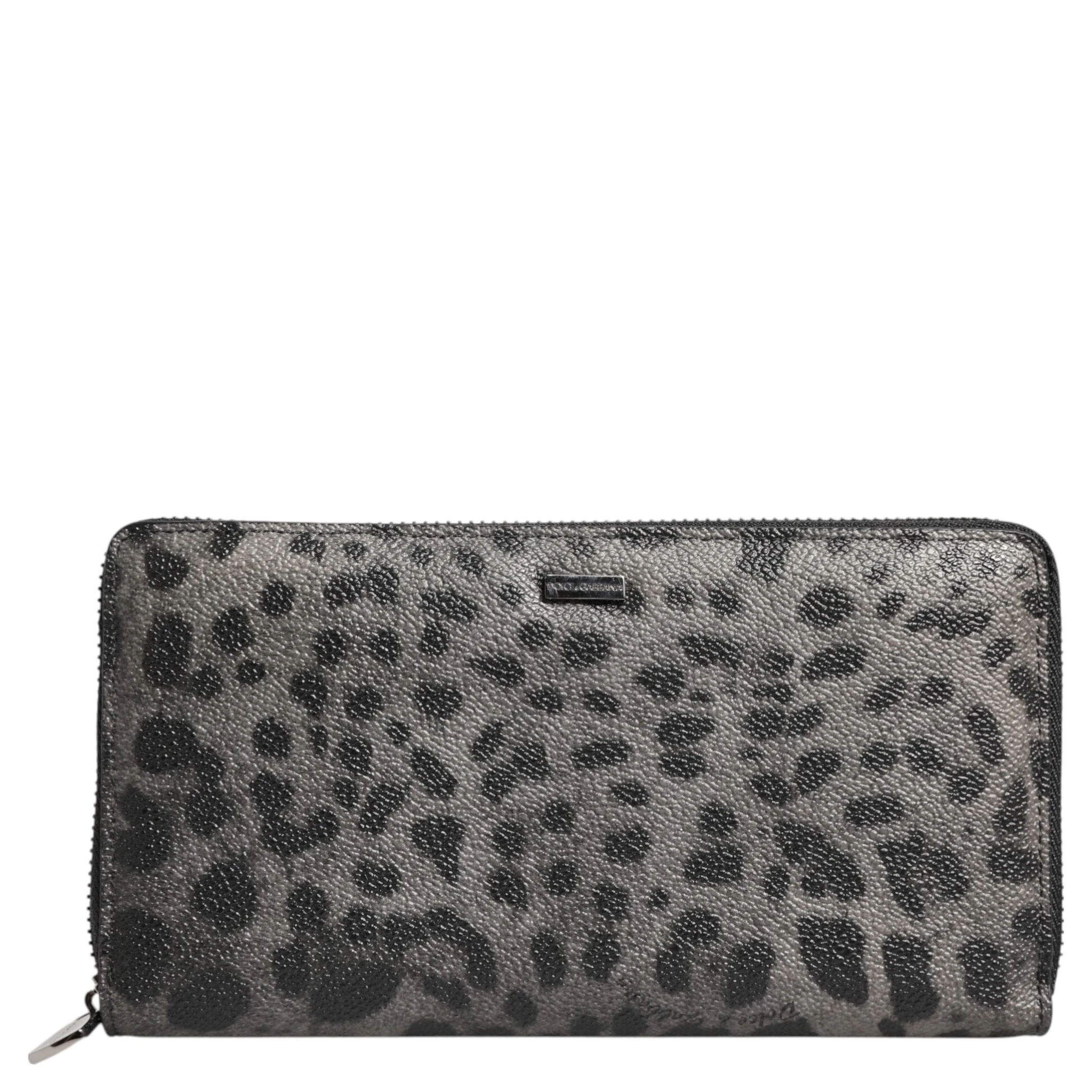 Black Gray Leopard Leather Zip Around Continental Wallet
