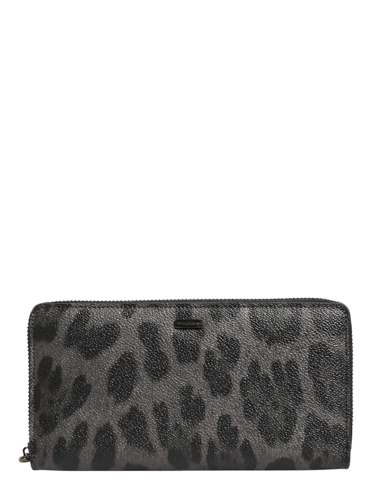 Black Gray Leopard Leather Zip Around Continental Wallet
