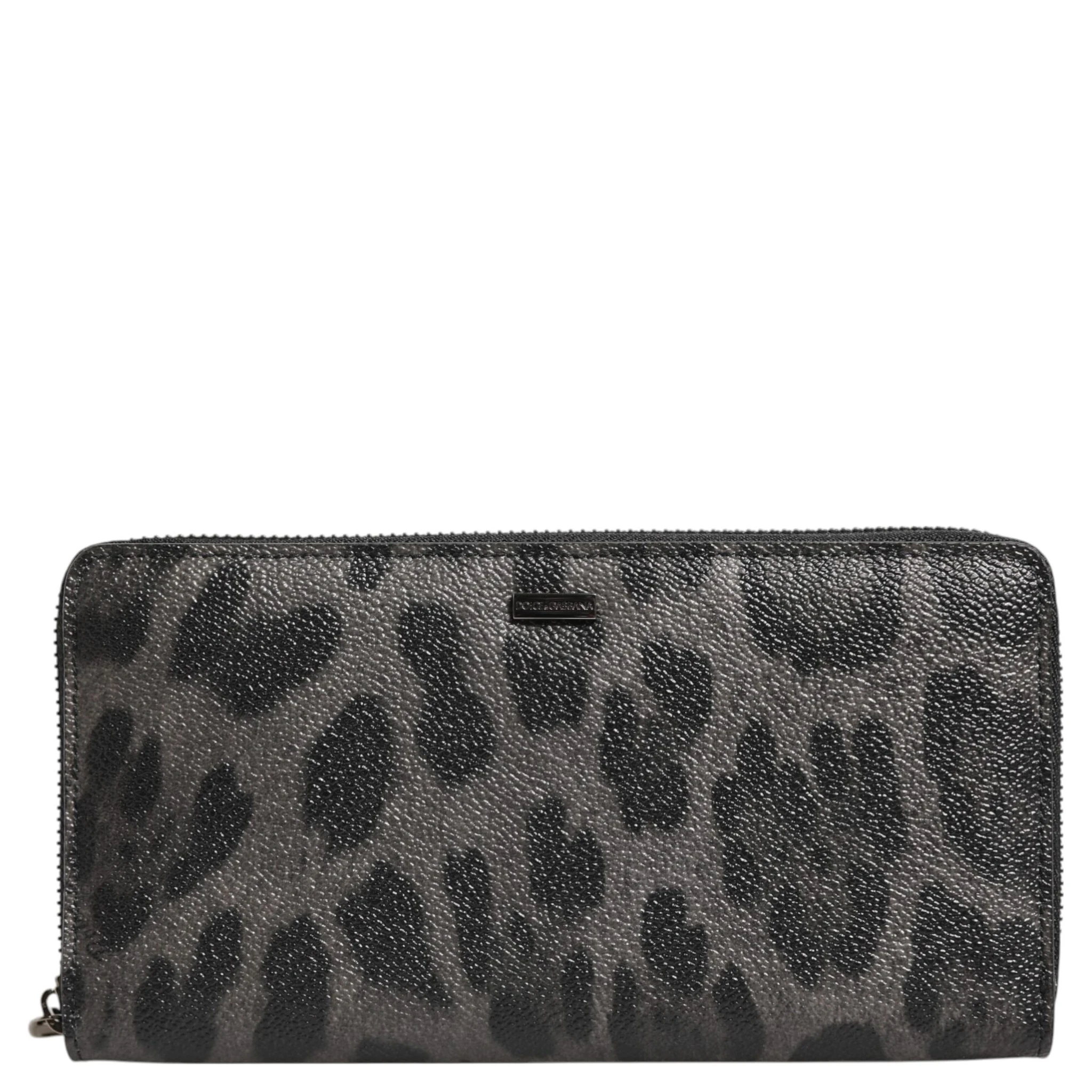 Black Gray Leopard Leather Zip Around Continental Wallet