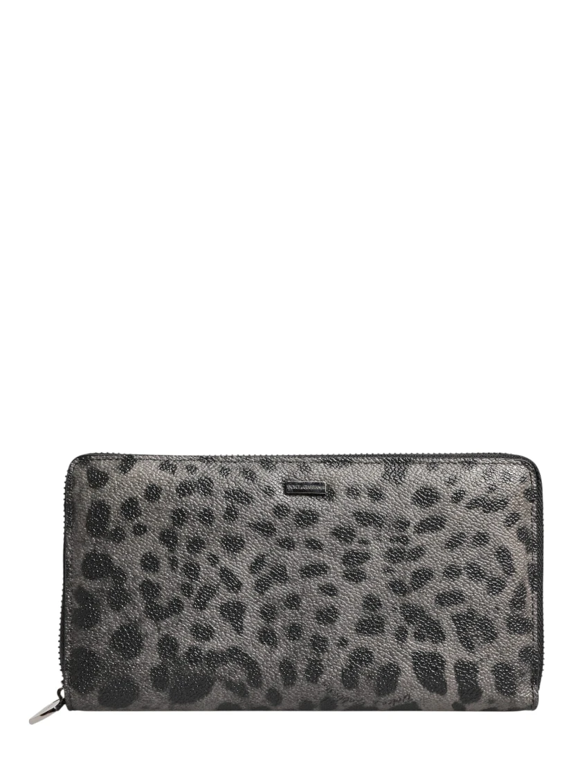 Black Gray Leopard Leather Zip Around Continental Wallet