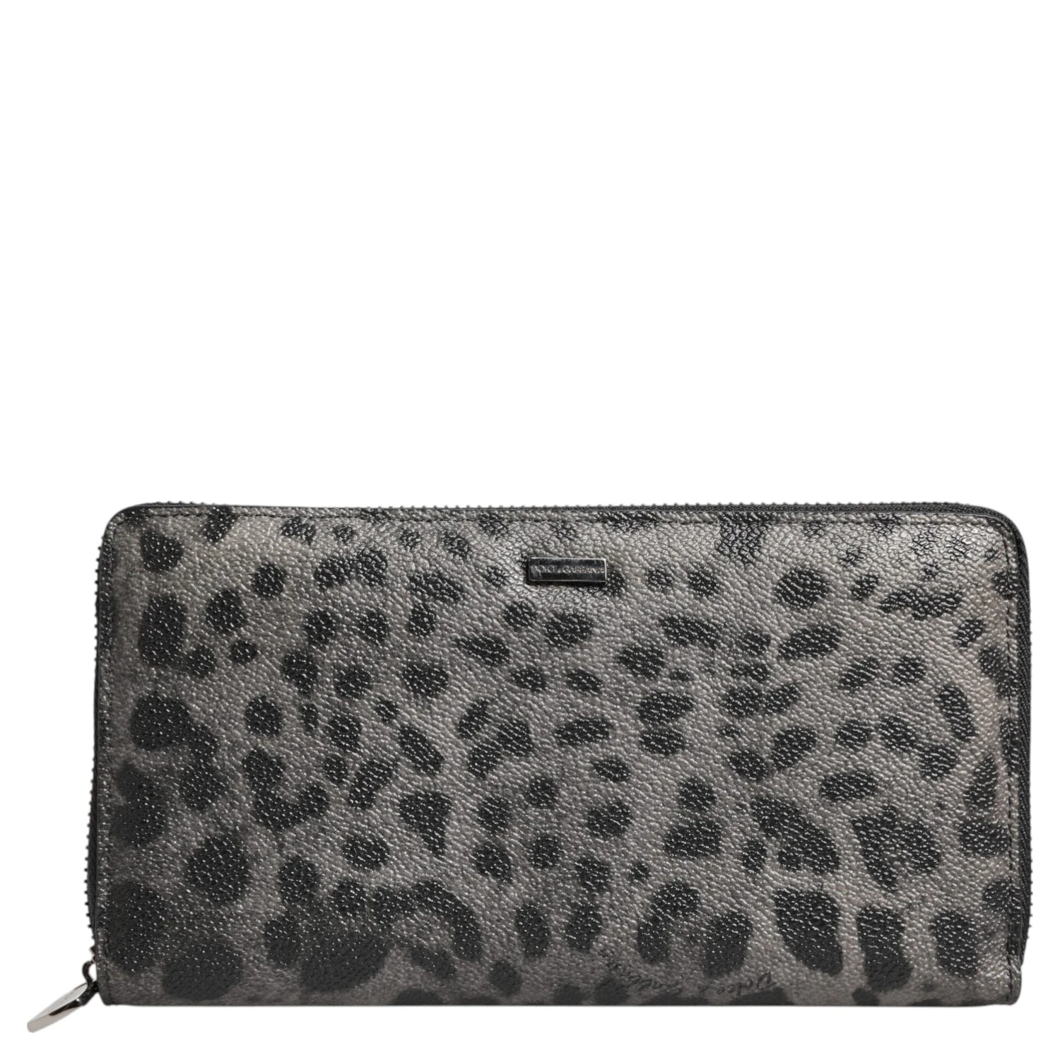 Black Gray Leopard Leather Zip Around Continental Wallet