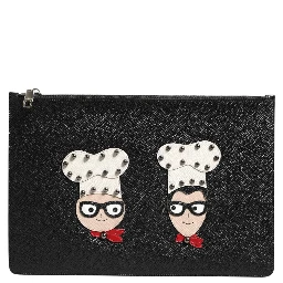 Black Leather #DGFAMILY Embellished Men Clutch Pouch Bag