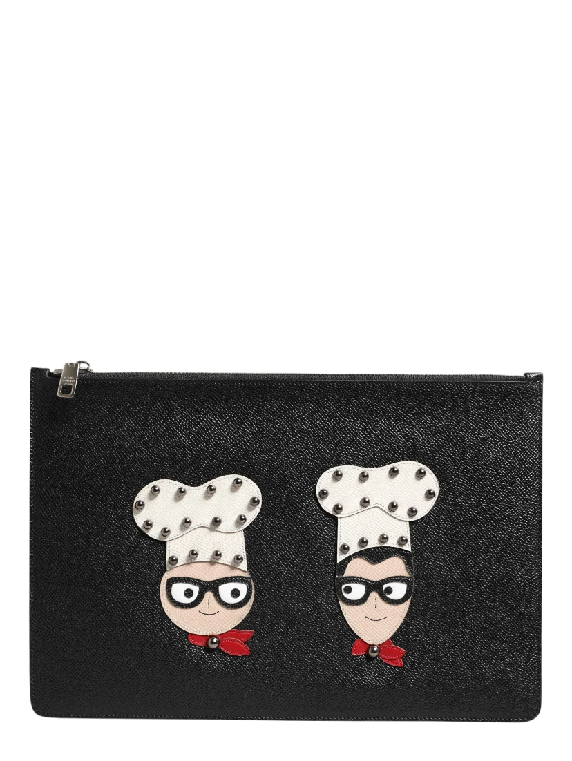 Black Leather #DGFAMILY Embellished Men Clutch Pouch Bag