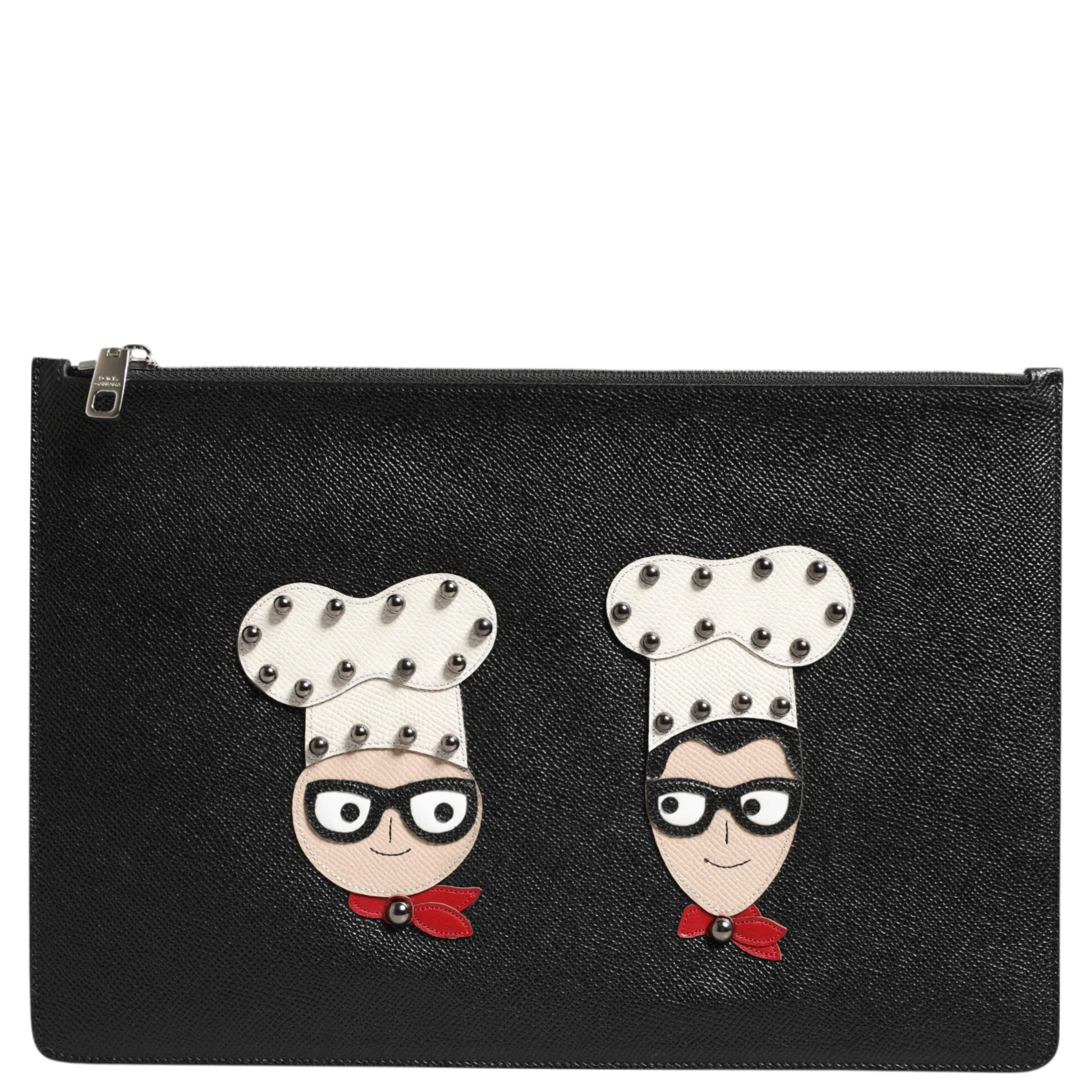 Black Leather #DGFAMILY Embellished Men Clutch Pouch Bag