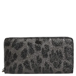 Black Gray Leopard Leather Zip Around Continental Wallet
