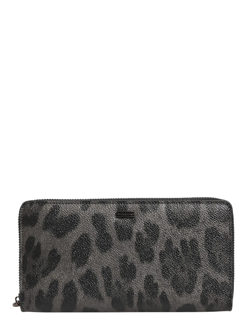 Black Gray Leopard Leather Zip Around Continental Wallet