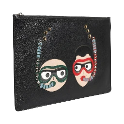 Black Leather #DGFAMILY Embellished Men Clutch Pouch Bag