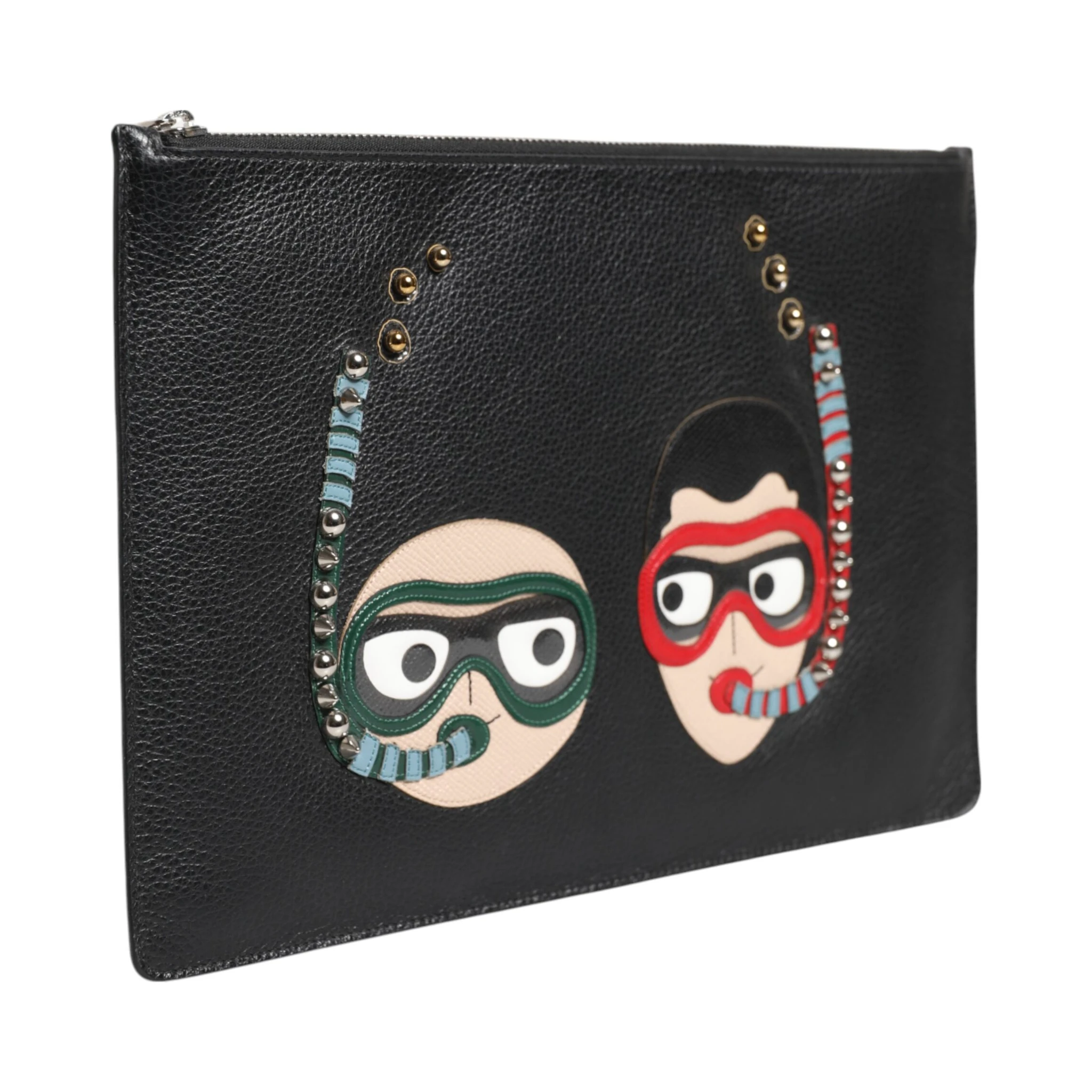 Black Leather #DGFAMILY Embellished Men Clutch Pouch Bag