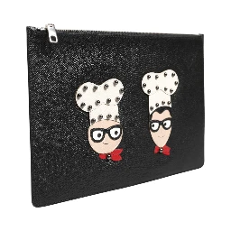 Black Leather #DGFAMILY Embellished Men Clutch Pouch Bag