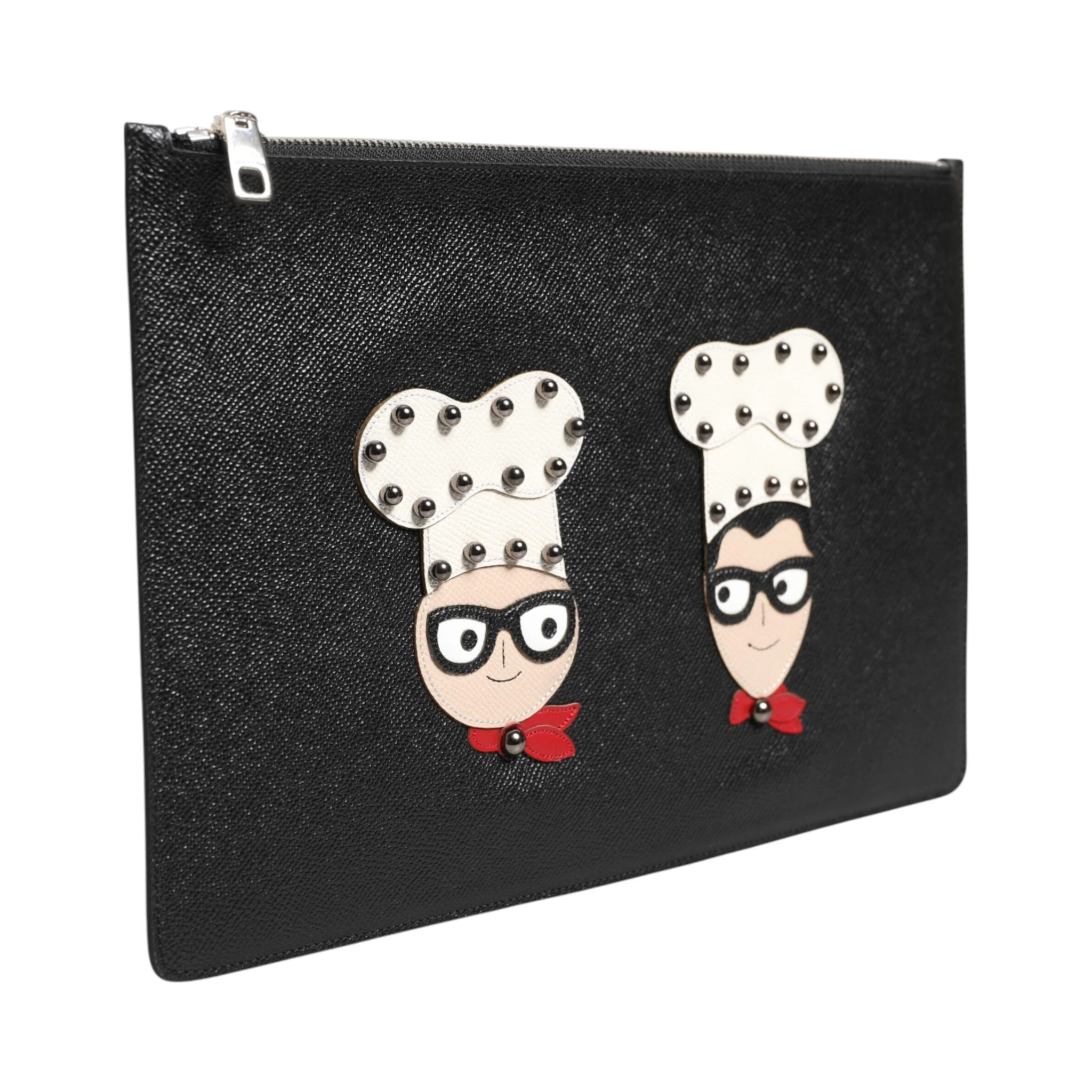 Black Leather #DGFAMILY Embellished Men Clutch Pouch Bag