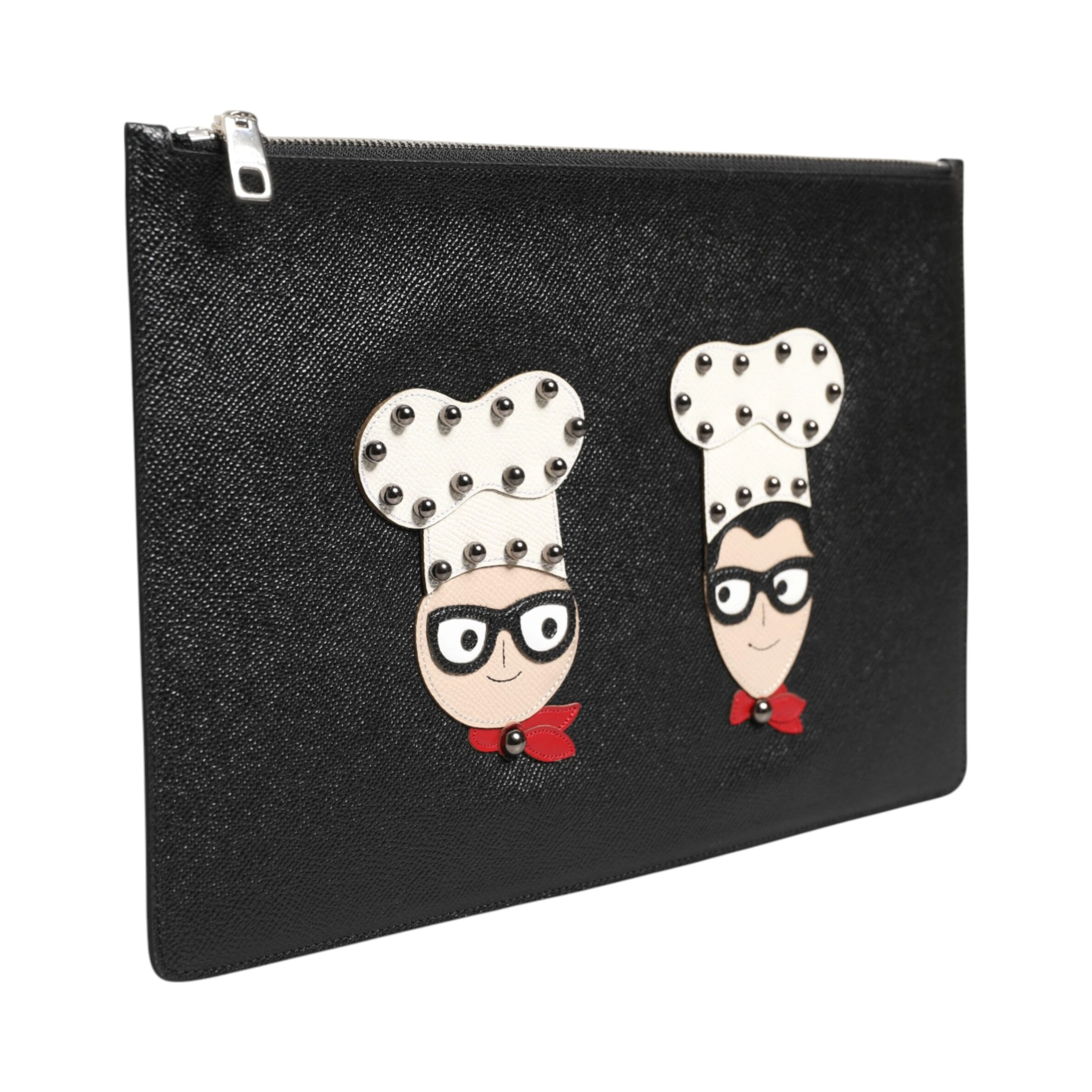 Black Leather #DGFAMILY Embellished Men Clutch Pouch Bag