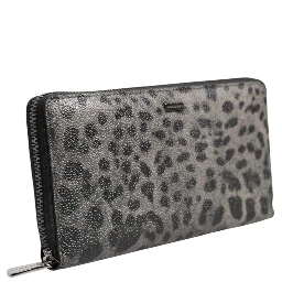 Black Gray Leopard Leather Zip Around Continental Wallet