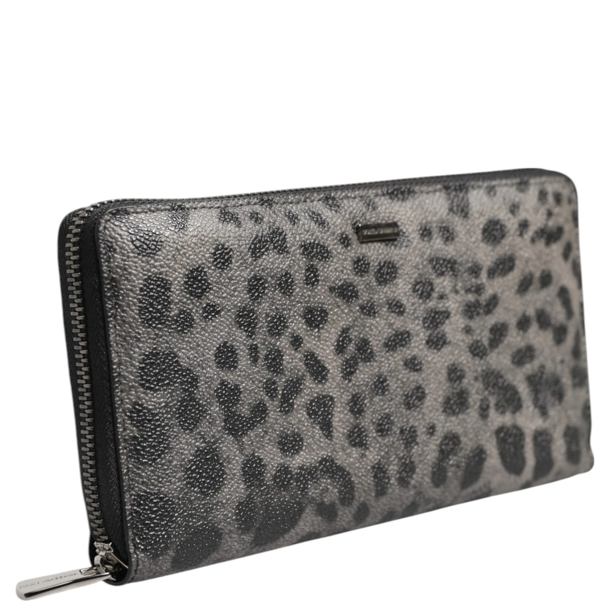 Black Gray Leopard Leather Zip Around Continental Wallet