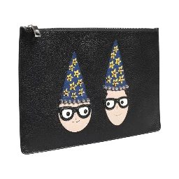 Black Leather #DGFAMILY Embellished Men Clutch Pouch Bag