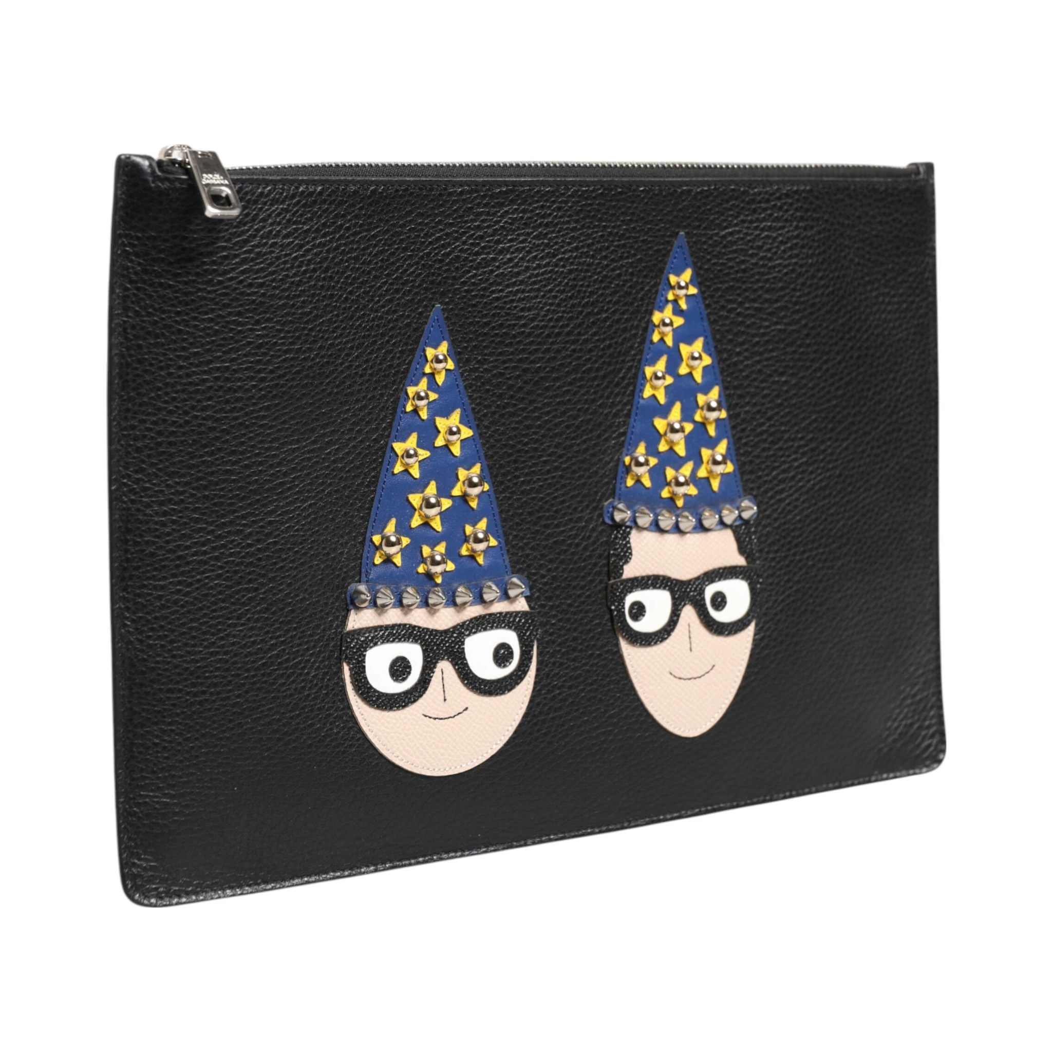 Black Leather #DGFAMILY Embellished Men Clutch Pouch Bag