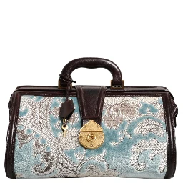 Blue Brown Leather Floral Jacquard Travel Handbag Bag