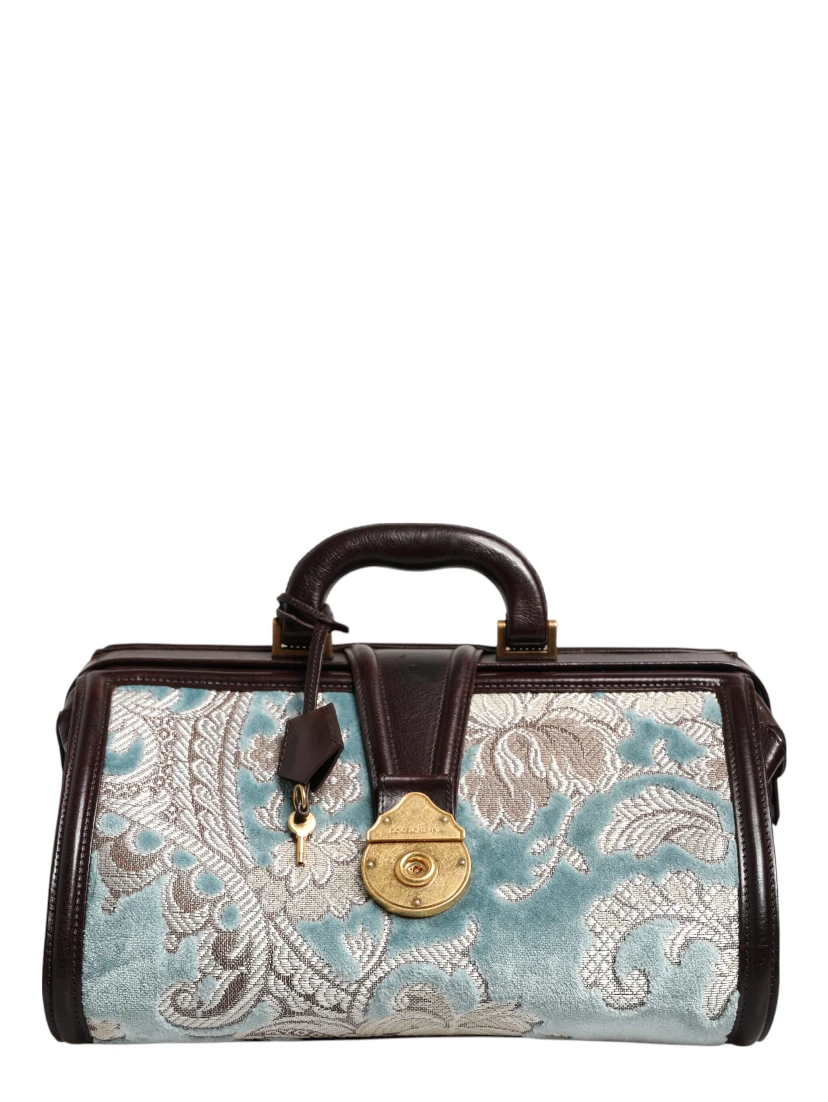 Blue Brown Leather Floral Jacquard Travel Handbag Bag