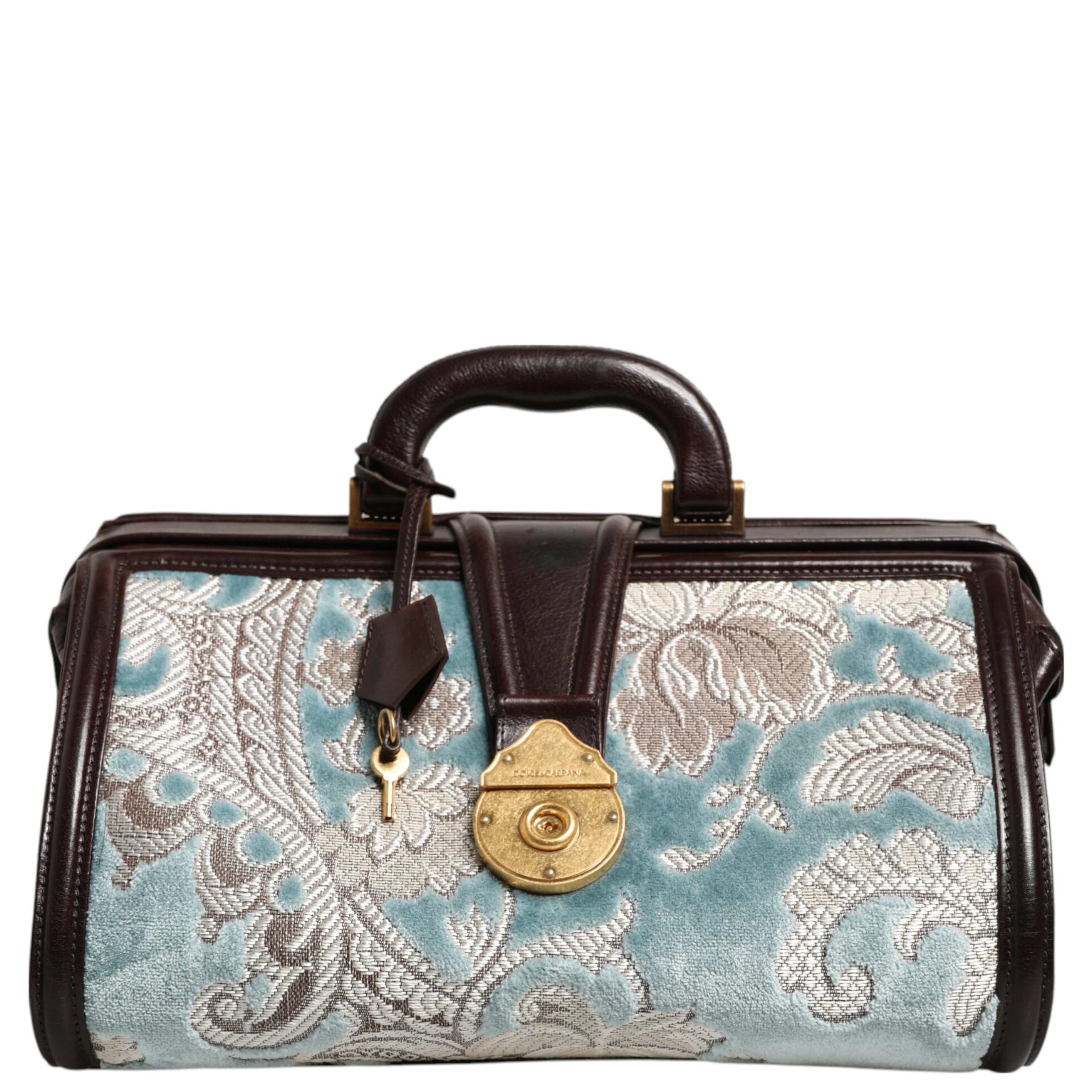 Blue Brown Leather Floral Jacquard Travel Handbag Bag