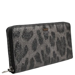Black Gray Leopard Leather Zip Around Continental Wallet